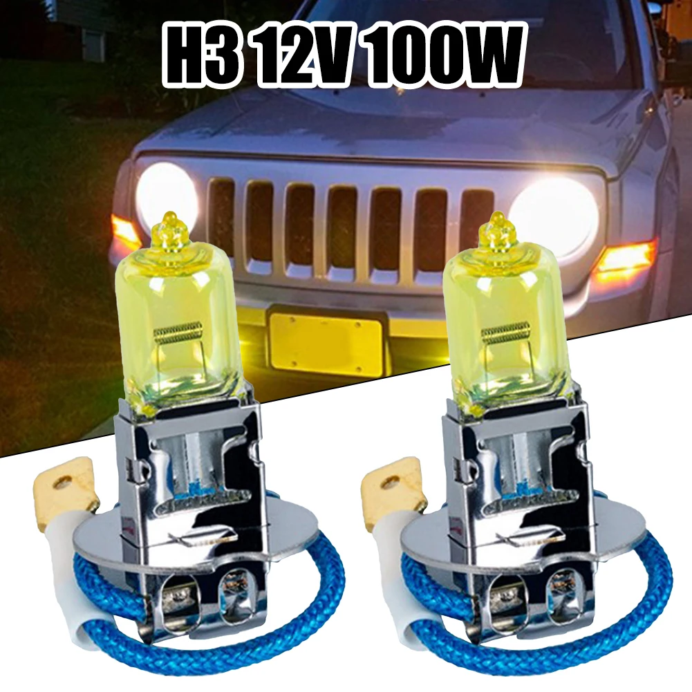 2PCS H3 Halogen Fog Lights 100W 12V Amber Yellow High Beam High Power Car Headlight Lamp Car Light Source Accessories