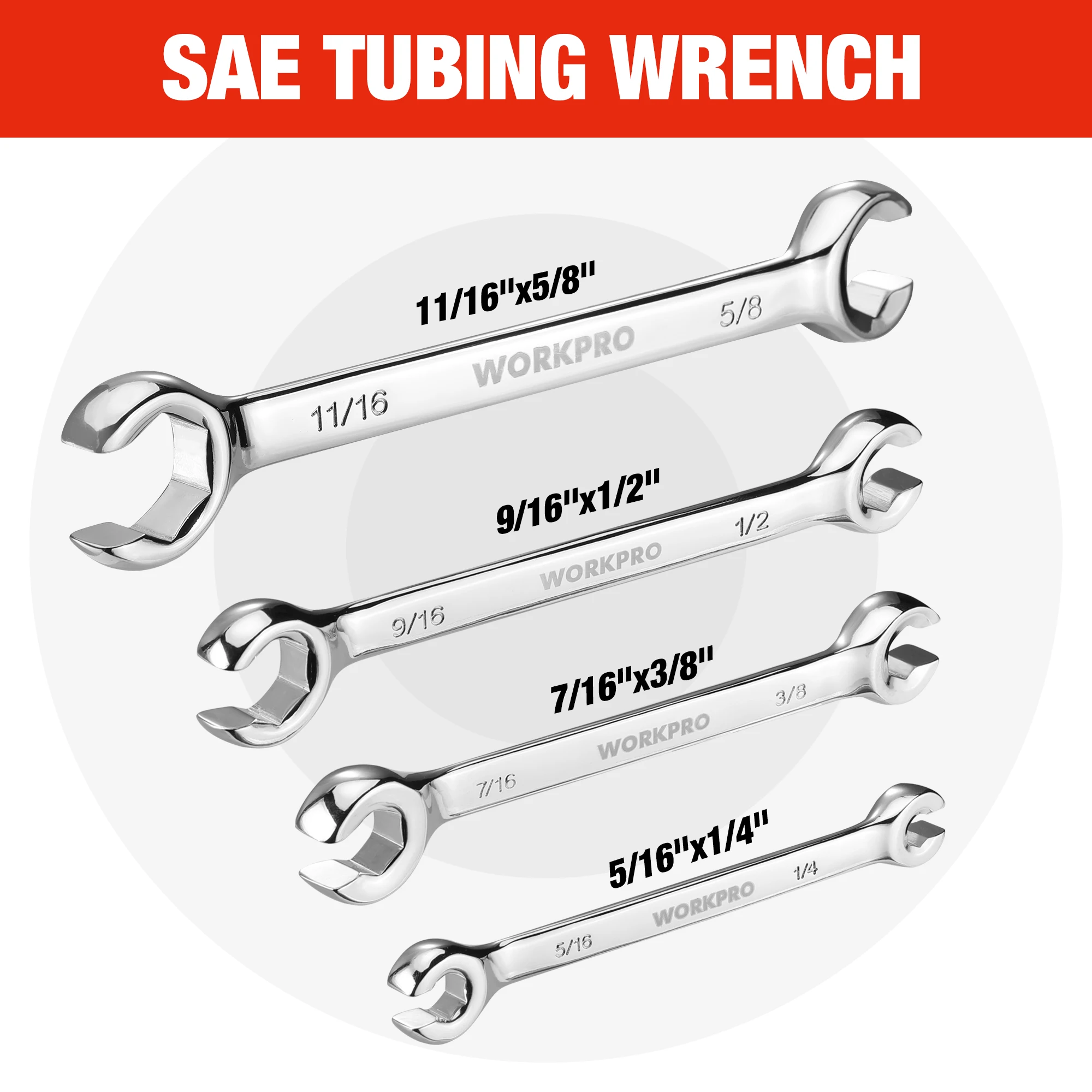 WORKPRO 4pcs Flare Nut Wrench Set, SAE/Metric Brake Line Wrenches Cr-V Steel, 15° Offset Head Tubing Wrench