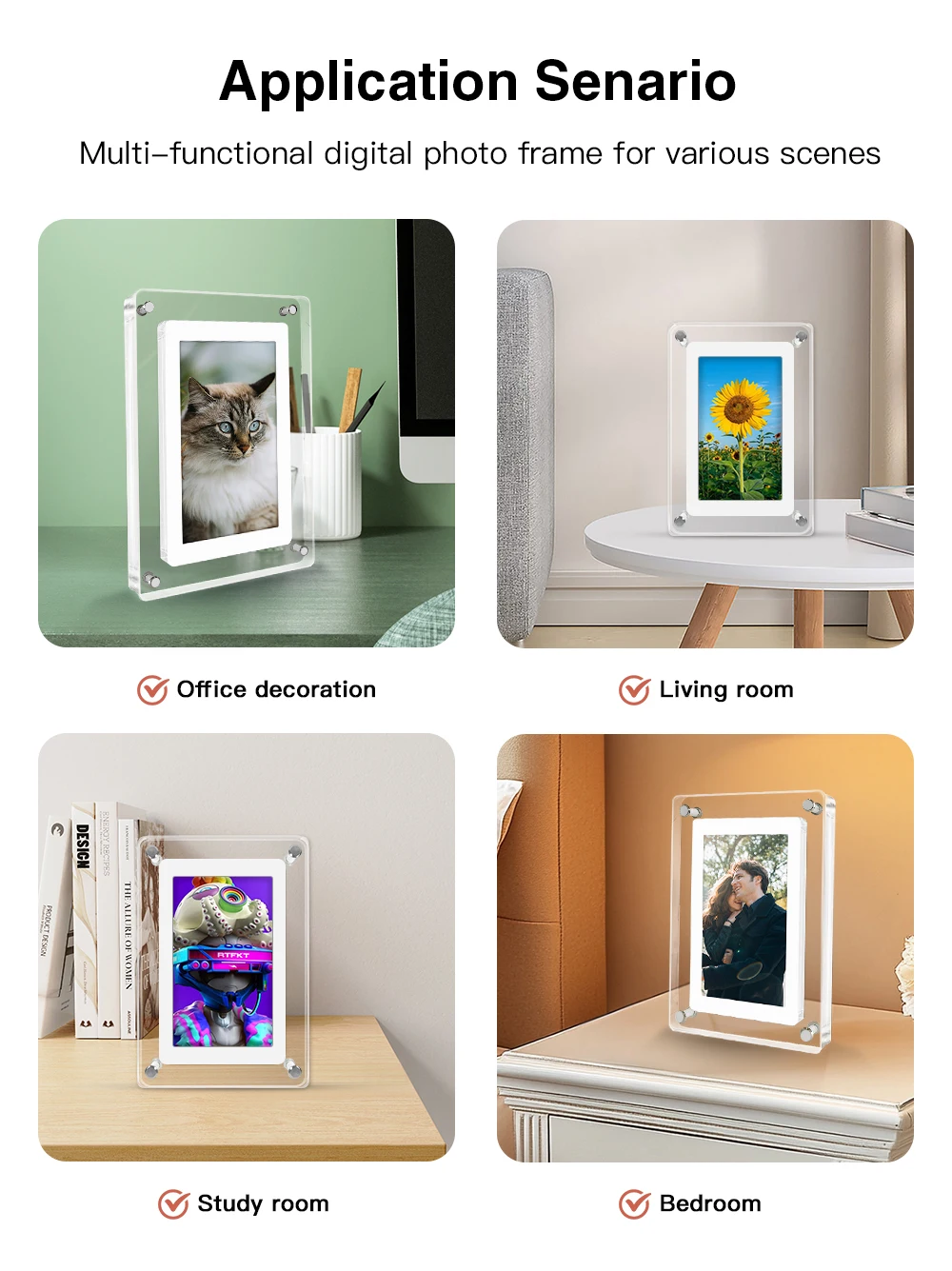 Acrylic Digital Photo Frame 5 and 7 Inch IPS Screen 4GB Memory Rechargeable Battery Auto Rotate Portable Digital Picture Frame