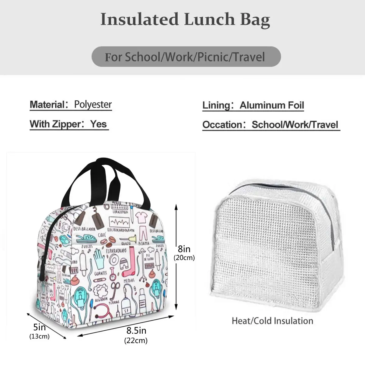 Portable Nurse Bag Insulated Lunch Bags Women Cute Nurse Print Food Case Tote Cooler Bento Bag for Kids Lunch Pouch