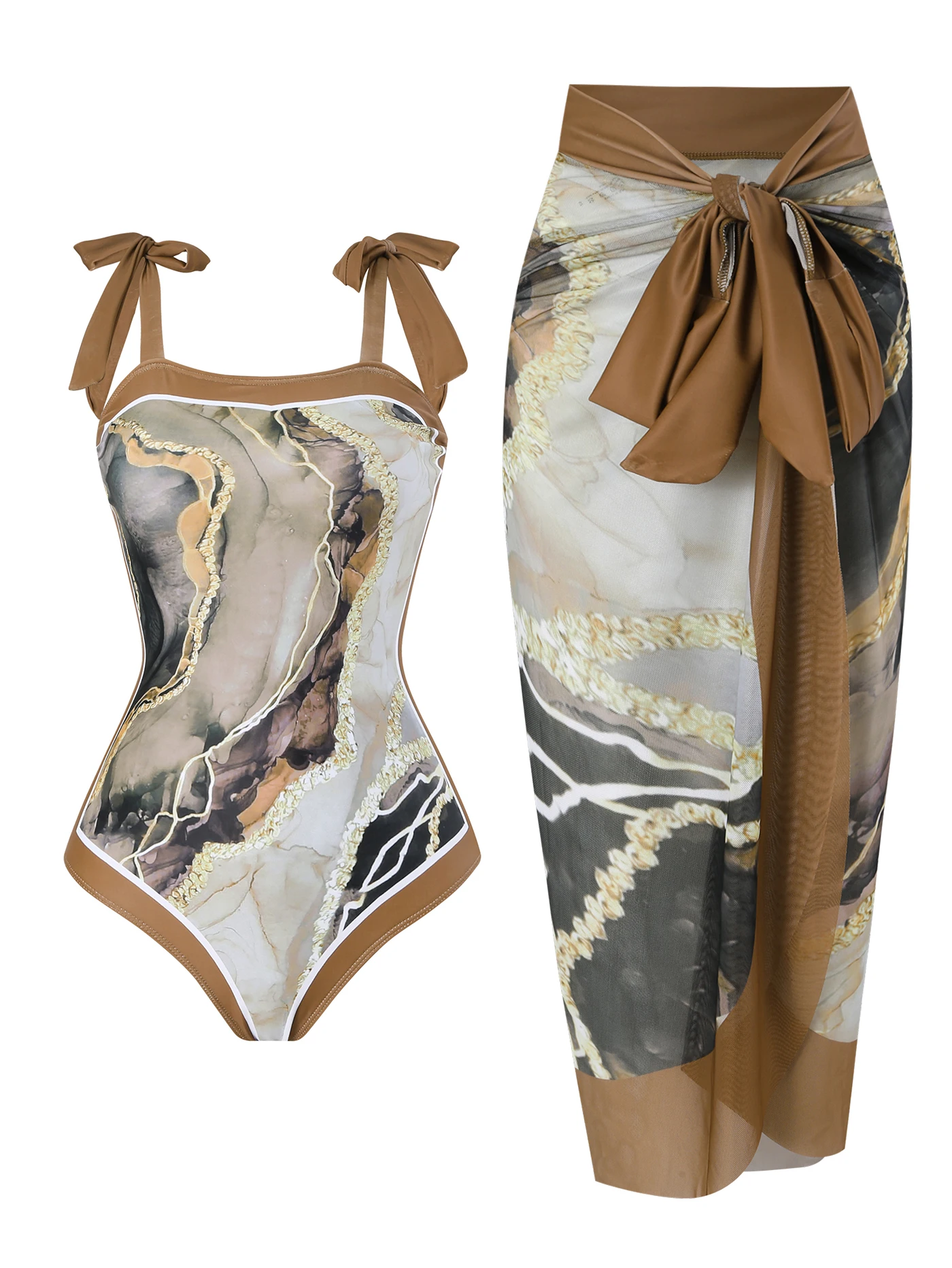 Women's One-Piece Swimsuit, Brown Marble-Patterned Two-Piece Swimsuit, Beach Vacation Mesh Skirt, Half-Skirt Apron, Outer Skirt