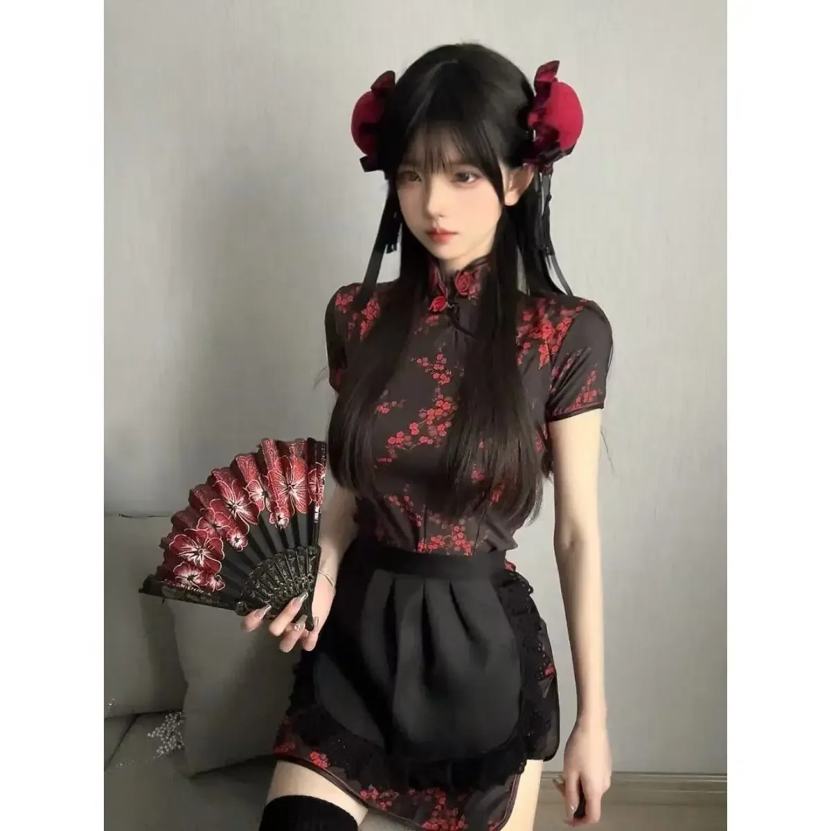 Abito in stile cinese Little Chef Lolita Maid grembiule Dress New Chinese Qipao Dress Set donna Sexy Cheongsam