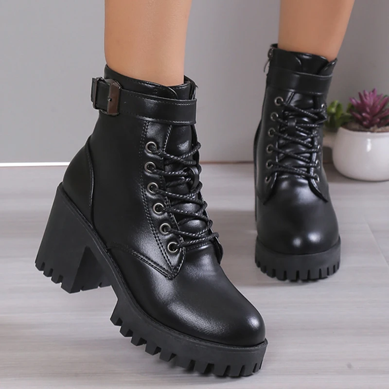 Women's High Heels Ankle Boots for 2023 Black PU Leather Platform Short Boots Woman Side Zipper Thick Heeled Punk Botas De Mujer