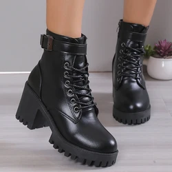 Stivaletti con tacco alto da donna per il 2023 Stivaletti corti con plateau in pelle PU nera Donna Cerniera laterale con tacco spesso Punk Botas De Mujer