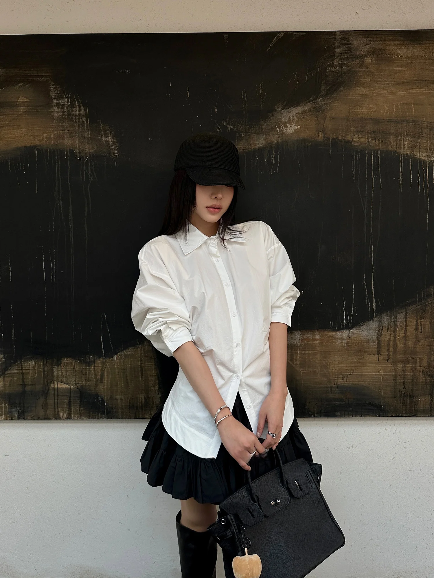 

Falin X Women's Cotton Shirt Long Sleeve High Collar Waist-Cinching Spring Outerwear Cardigan Pure Cotton Casual Style