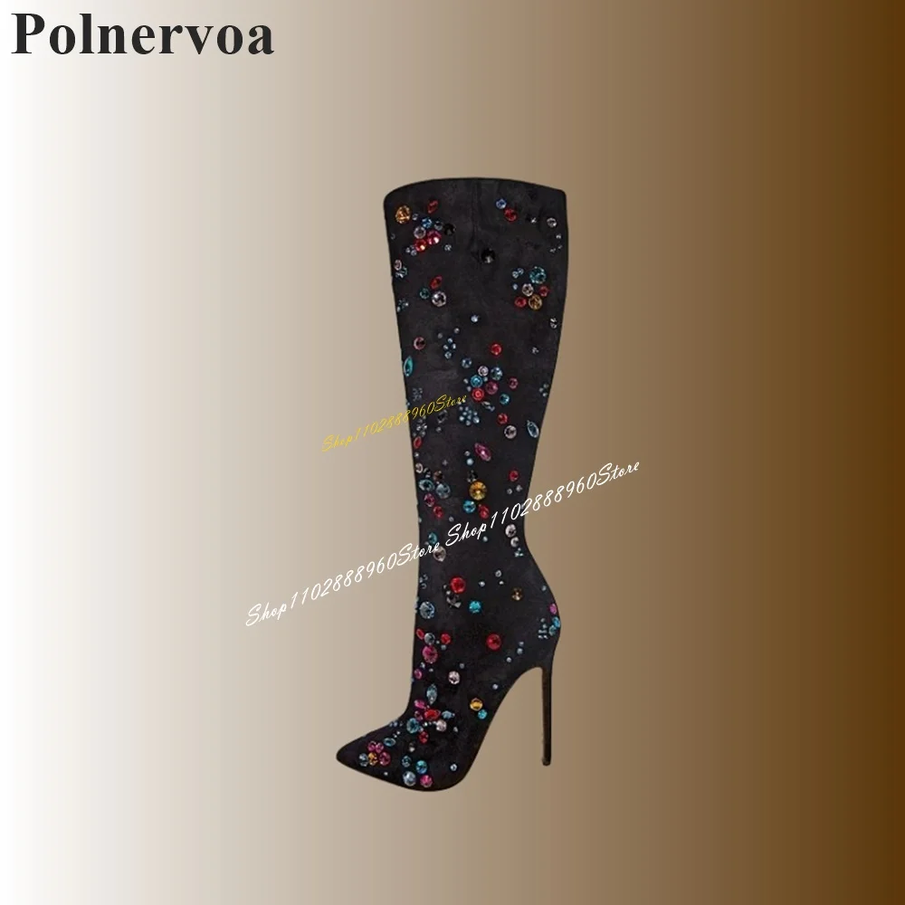 Luxury Black Flock Colorful Crystal Boots Thin High Heel Women Shoes Side Zipper Pointed Toe 2024 Fashion Zapatos Para Mujere