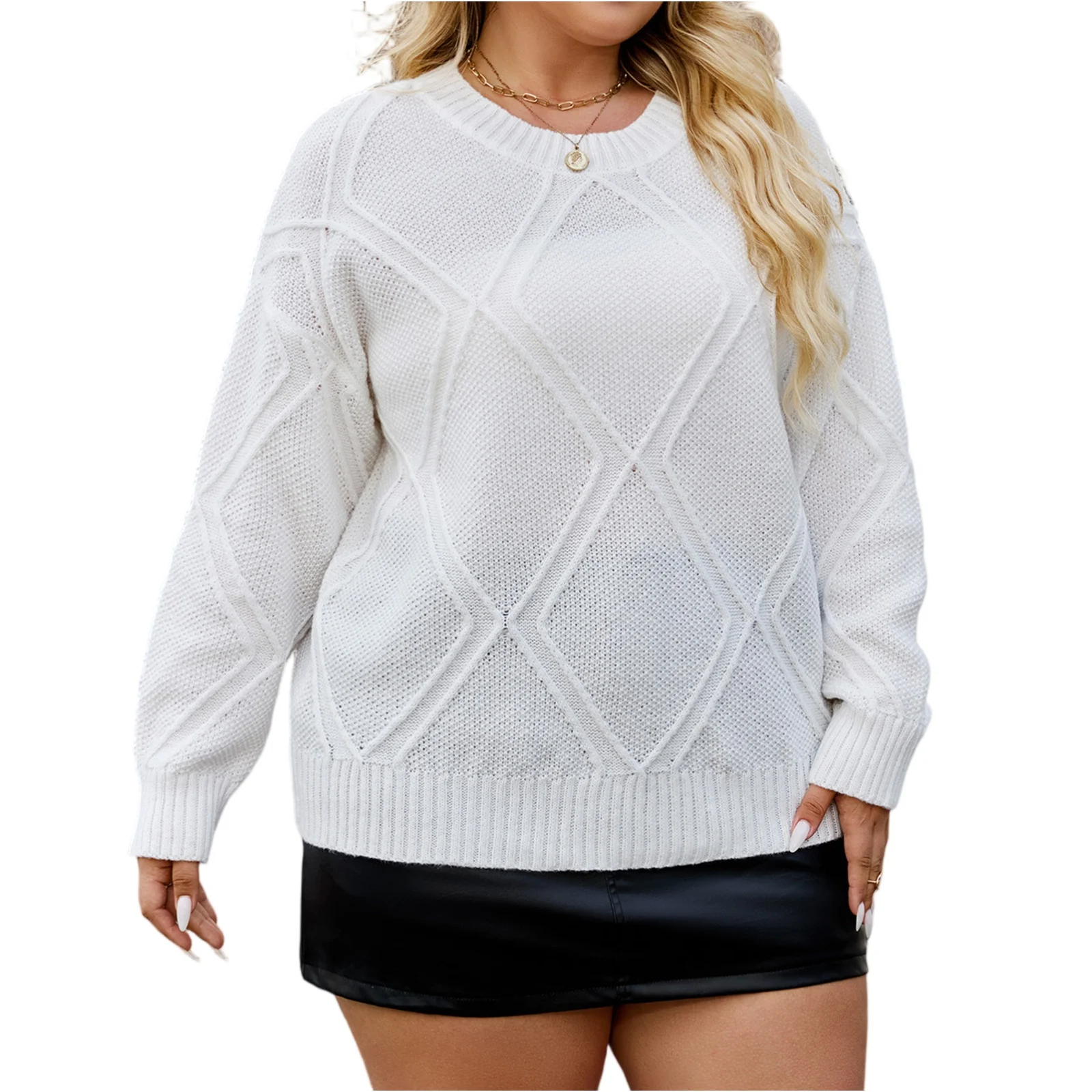 Suéter informal con estampado de diamantes para mujer, jersey de talla grande, Top de manga larga de Color sólido, suéteres de Base cálidos para otoño e invierno