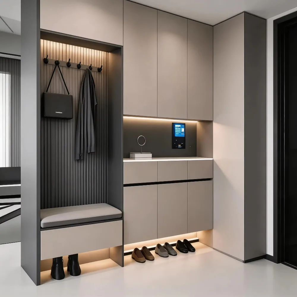 Modern Shoe Cabinet with Bench LED Light Belt Storage Drawer, Open Shelf, Grey Lacquered Entrance Cabinet
