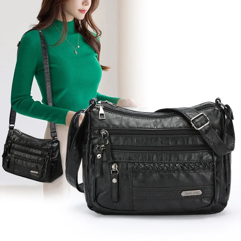 Autumn and Winter Simple Versatile Real Washed Middle-aged Women's Bag Soft Leather Multi-layer Texture Shoulder Messenger Bag