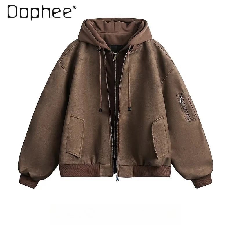 

Spring Autumn American High Street Biker Style Cool Stylish Men's Brown Black Faux Two-piece PU Leather Flight Hooded Jacket