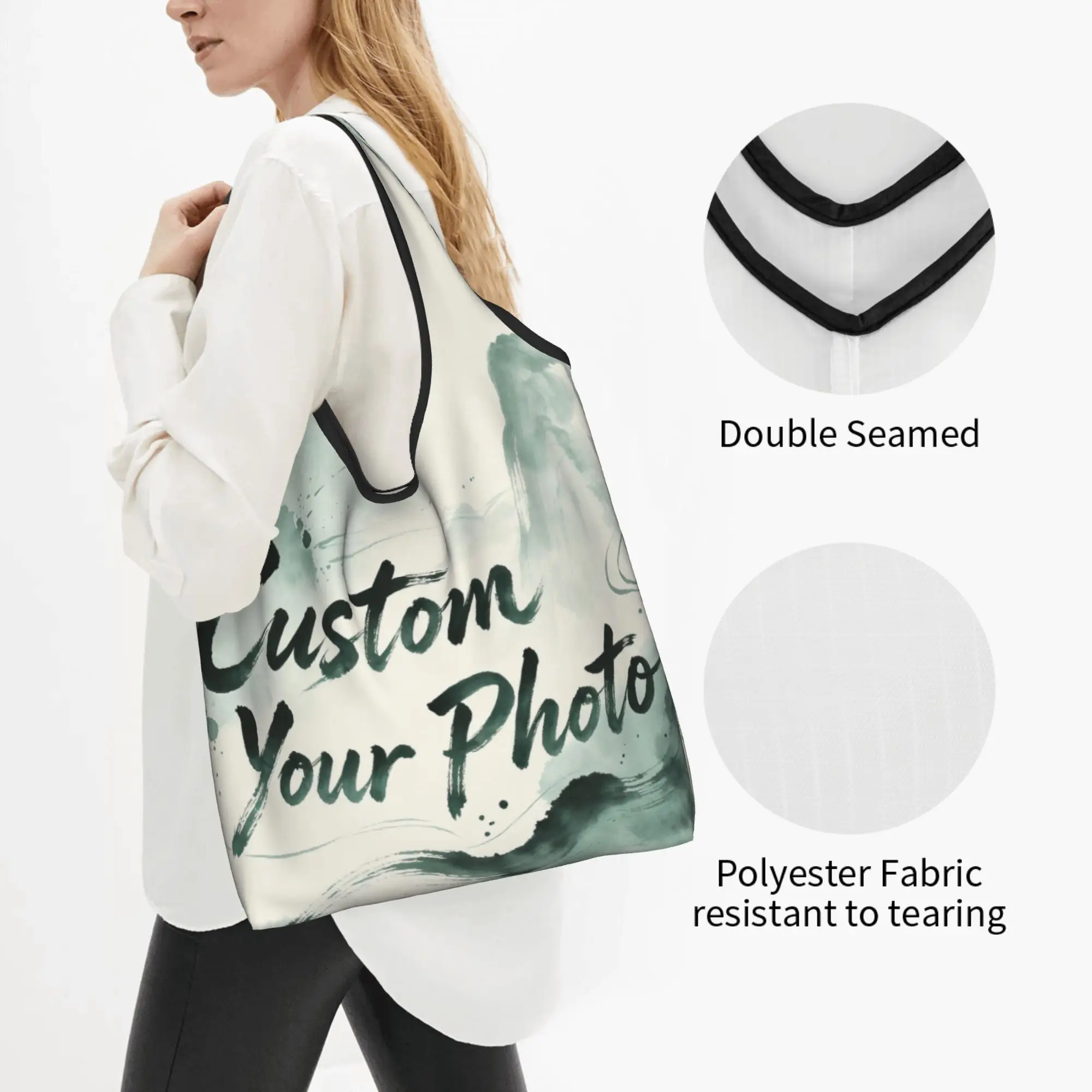 Custom Your Photo Logo Text Groceries Shopping Bags Cute Shopper Tote Shoulder Bags Big Capacity Portable  Handbag