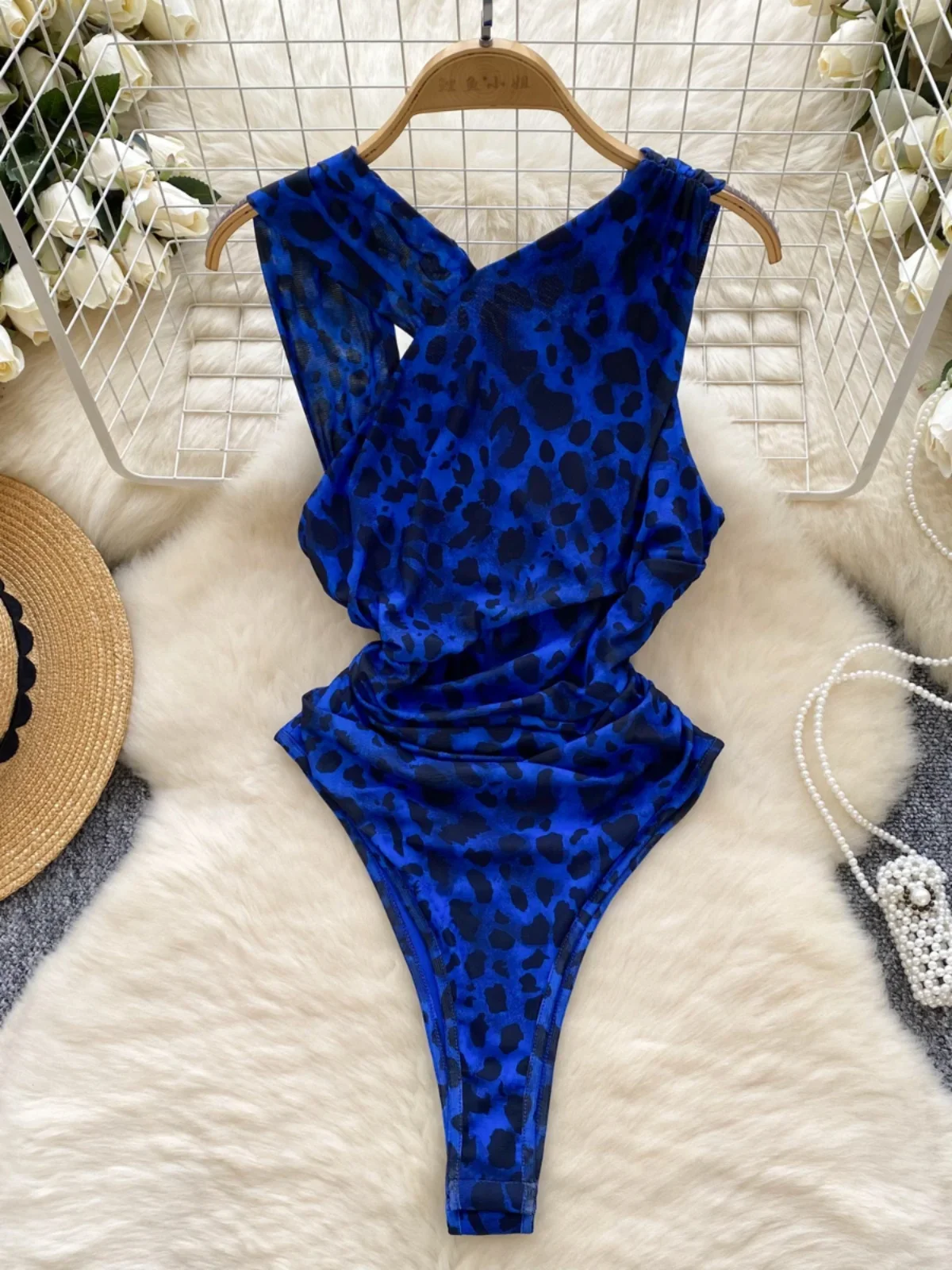 Foamlina American Ins Sexy Suspender Leopard Print Jumpsuit Women Pure Desire Hot Backless Slim Inside One-Piece Bodysuit Top