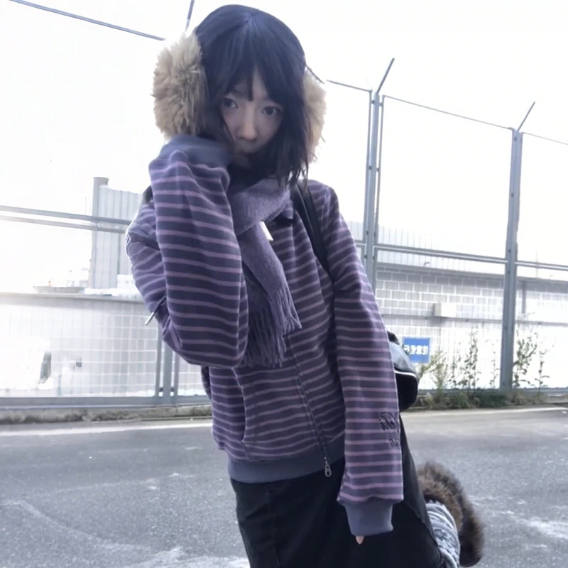 90s American Retro Knitted Cardigan Ladies Harajuku Striped Lined Zip Up Hoodie Y2K Grunge Oversized Long Sleeve Sweat Jacket view 4