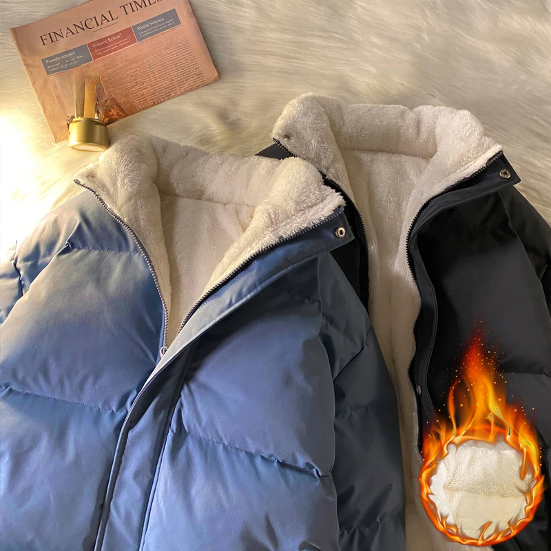 เสื้อแจ็คเก็ตพัฟเฟอร์บุขนแกะหนานุ่มสำหรับฤดูหนาว ผู้ชาย เสื้อพาร์กาแบบหนา สไตล์ลำลอง เสื้อแจ็คเก็ตบุใยสังเคราะห์แบบมีซิป แขนยาว สำหรับกิจกรรมกลางแจ้ง เสื้อโค้ทคู่รัก