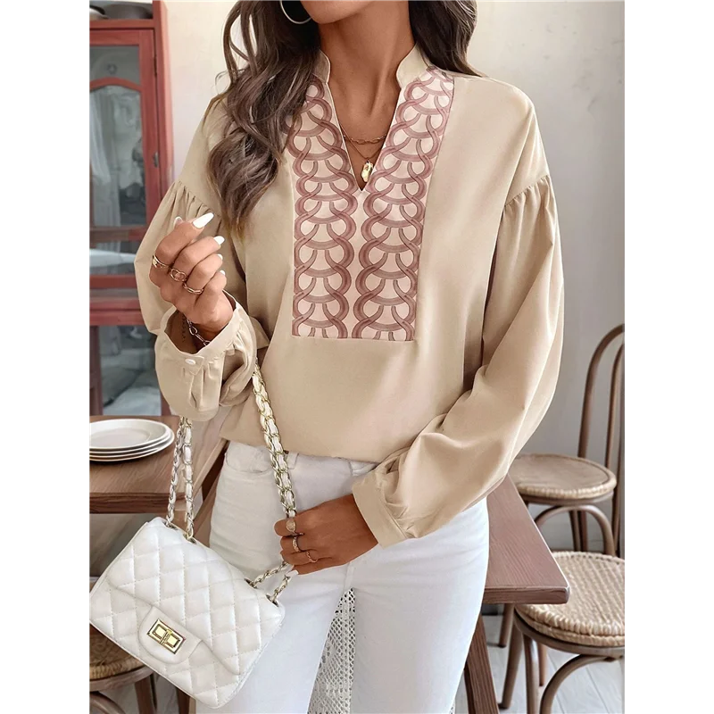 ASDS-Dames V-hals Geplooid Kantoortopje met lange mouwen Retro Elegant Open voorkant Rond patroon Opstaande kraag