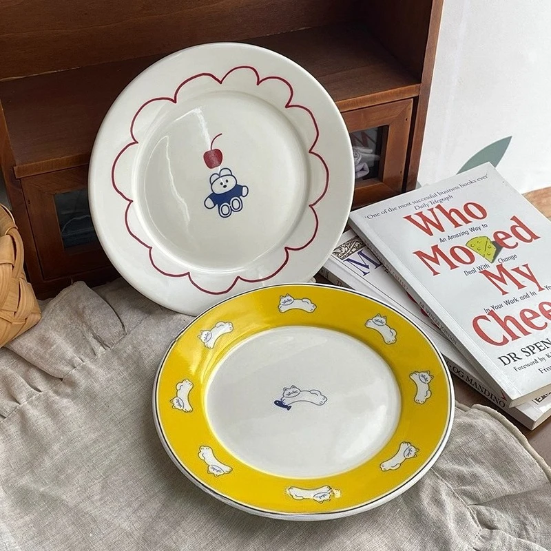 

Симпатичная тарелка высокого уровня, бытовая керамическая плоская тарелка, стильная тарелка для завтрака, послеобеденного чая, торта, закуски, набор тарелок, декоративный поднос