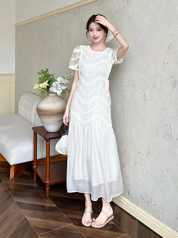 

Summer New Sle Women's ort Sve Lace Dr High Waist Flounce Skirt Bubble Sve Commute Sle Wave Pattern Splice Fai...