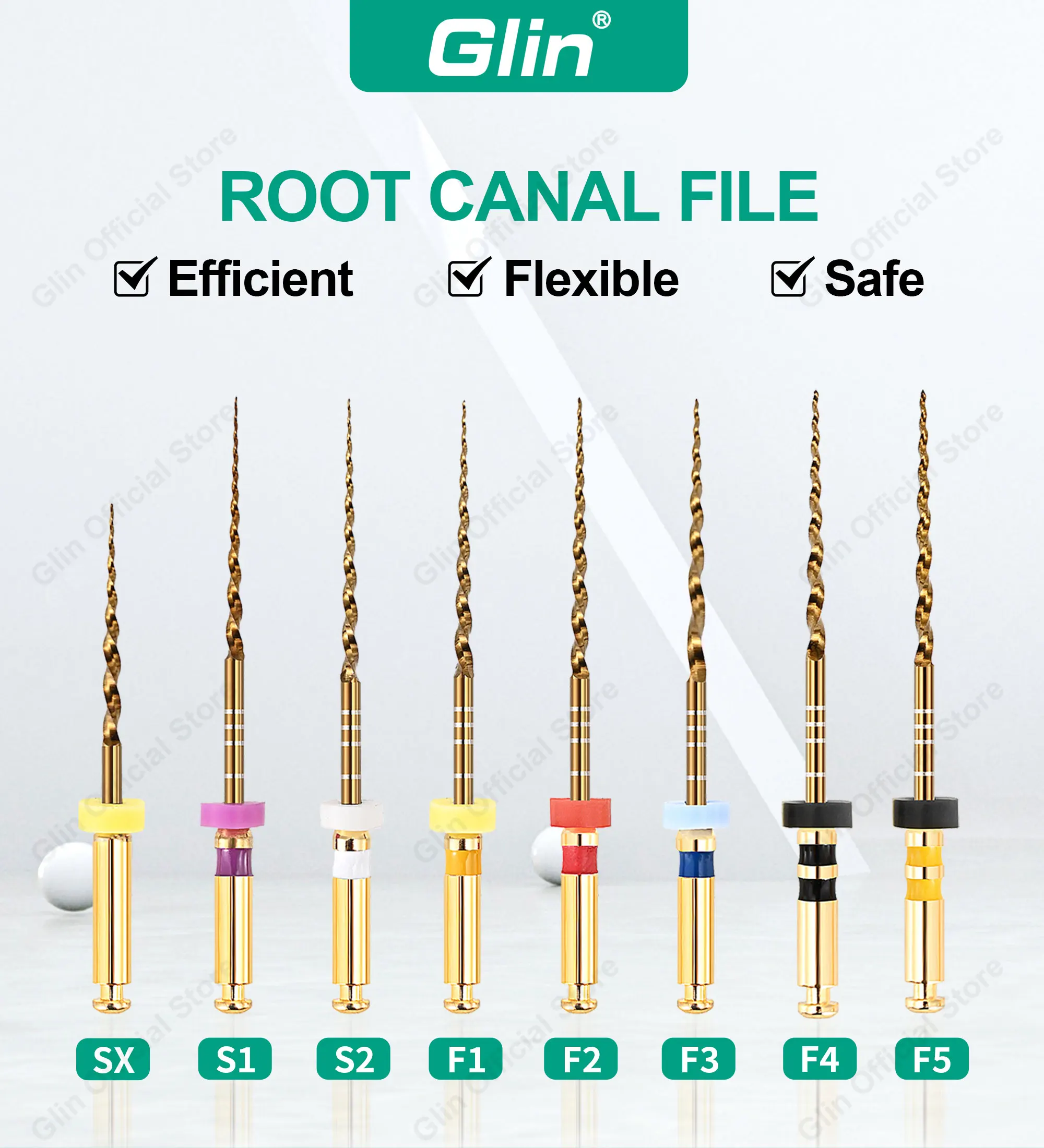 Glin Dental Endodontische Feilen 19/21/25/31mm F3 F4 F5 Gold Flexible Feilen Wärmeaktivierbare Endo-Wurzelkanal-Rotationsfeilen Goldene Feilen – Detail 1