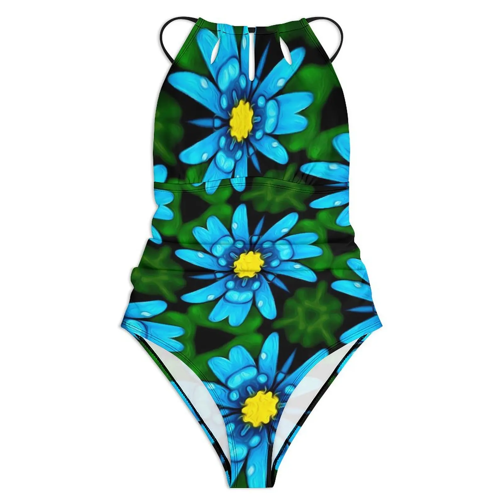 Blue Daisy Swimsuit Flower Print Swimwear One Piece Holiday Swim Swimsuits Hollow Out Bathing Suit Women Push Up Sexy Beachwear