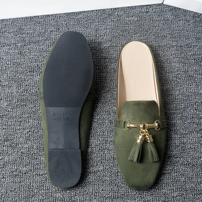 Lady Metal Tassel Round Toe Slippers Flock Outdoor Slides Comfortable 2022 New Arrivals Fashion Brand Shoes Plus Size 44 38 Grey