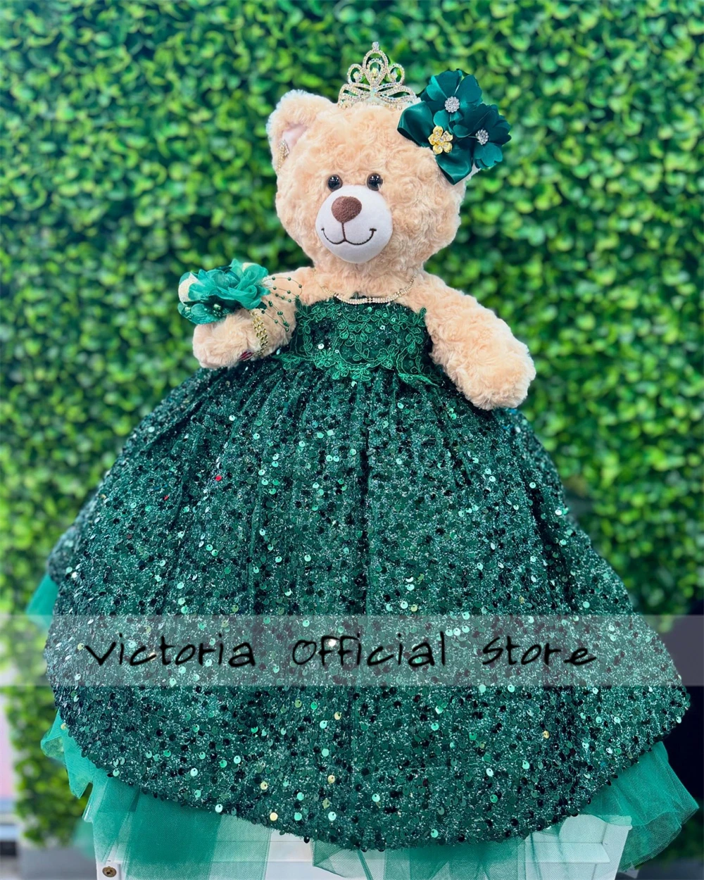 Veludo Lace Applique lantejoulas, vestido de ursinho Quinceanera personalizado, pérola de cristais, fora do ombro, verde escuro