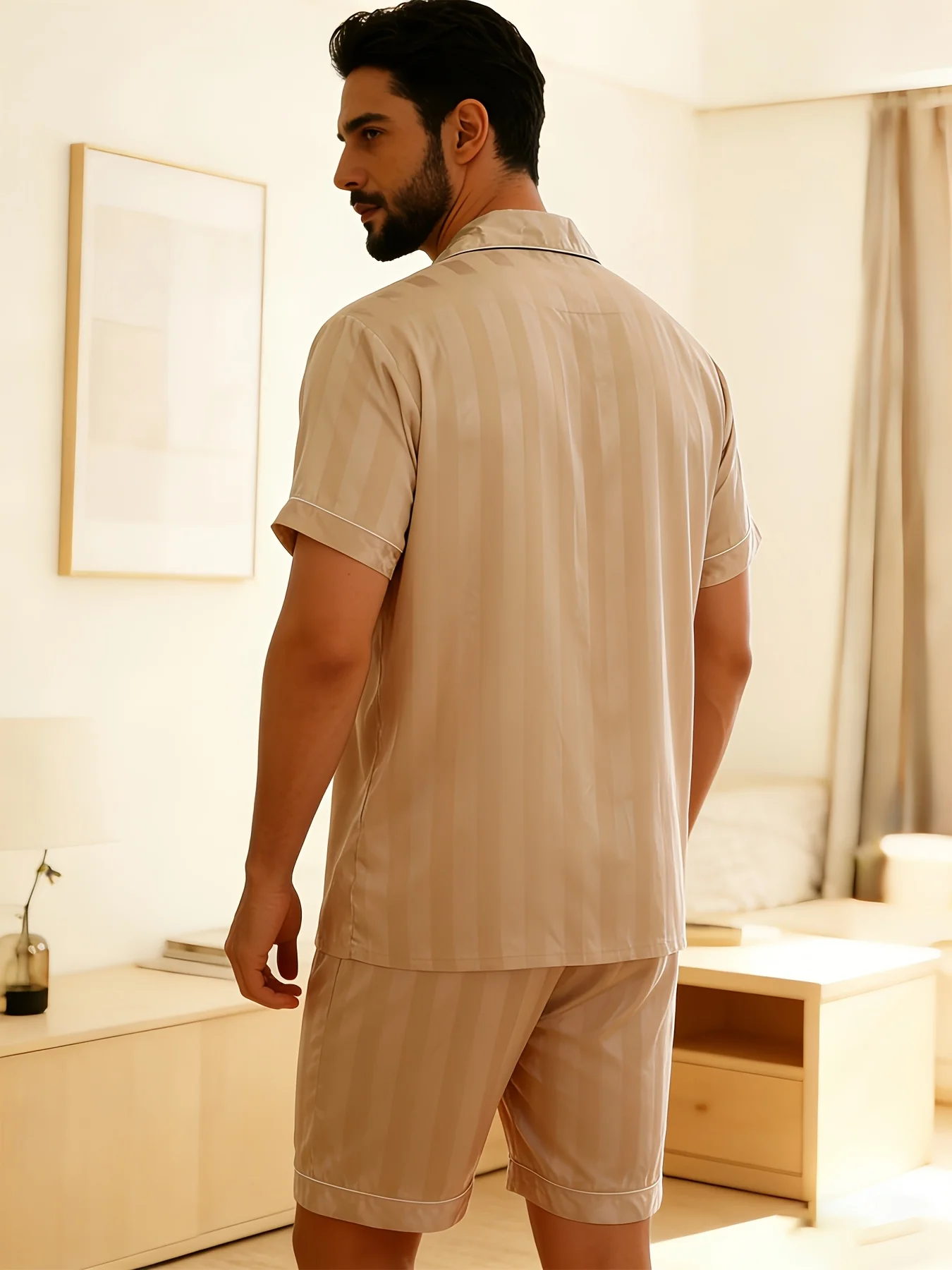 Men'S Striped Set Short Sleeve + Shorts | Soft and Cool, Embroidered 