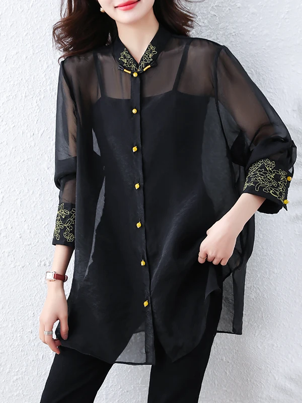 블랙 자수 셔츠 여성용 봄 루즈핏 스탠드 칼라 버튼업 자외선 차단 긴팔 중간 길이 캐주얼 셔츠