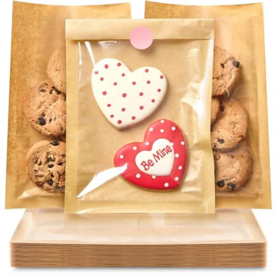 Ocmoiy 00 Pcs Clear Front Paper Cookie Bags with Seal Heat-Sealable and Grease-Resistant, 5.x7.5 Inches Brown Bakery Bags wi