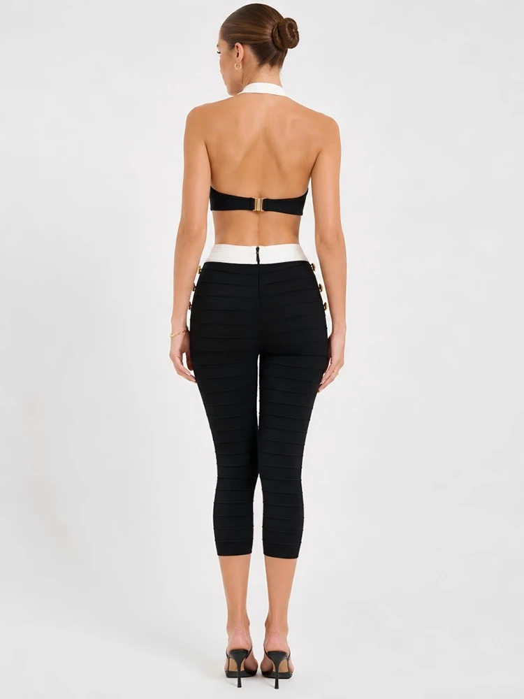 Sexy Two Piece Set Women Bandage Capri Pants Suits Halter Neck Backless Crop Top + Button Calf-Length Pants Sets Evening Party view 6
