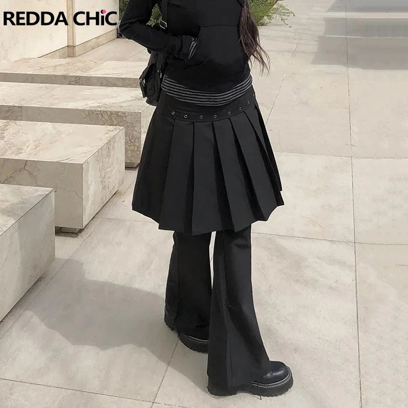 

ReddaChic Stitch Skirt Pleat Suit Trousers Black Vintage Layered Loose Casual Solid Wide Leg Dress Pants Grunge Women Clothes