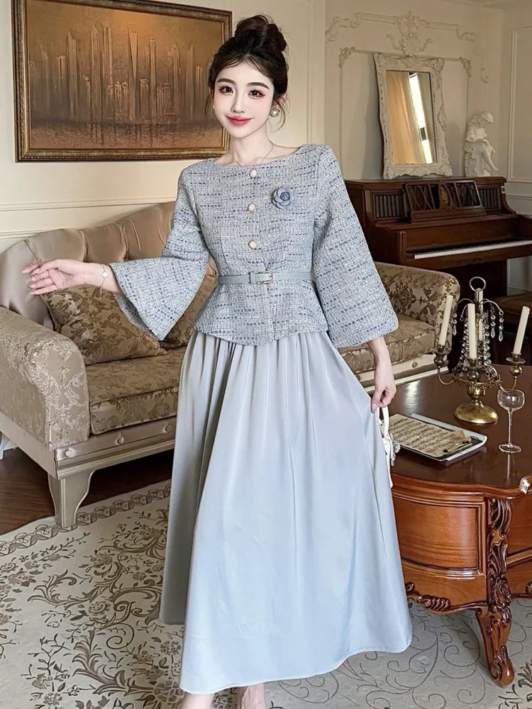 

Женская модная твидовая куртка, пальто + длинная юбка с эластичной резинкой на талии, комплекты Conjuntos Cortos High Street, роскошный французский комплект из двух предметов