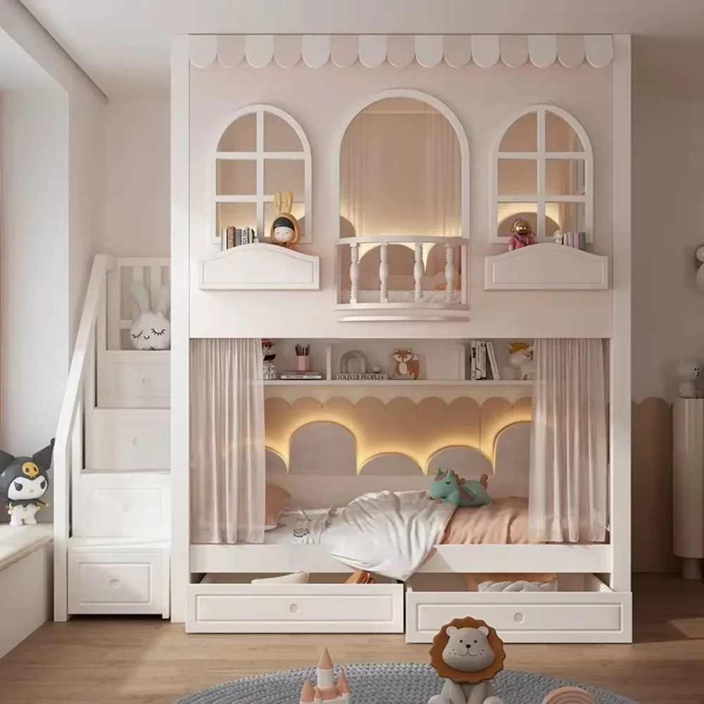 غرفة نوم الأطفال، سرير خشبي رائع بطابقين مع مكتب أسفل وخزانة تخزين الكتب لغرفة الأطفال