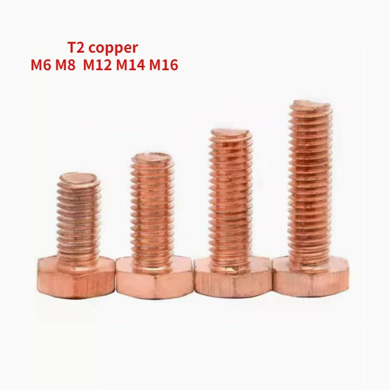 2/5/10pcs T2 Red Copper External Hexagonal Screw Electrolytic Copper Bolt External Hexagonal Screw M6 M8  M12 M14 M16