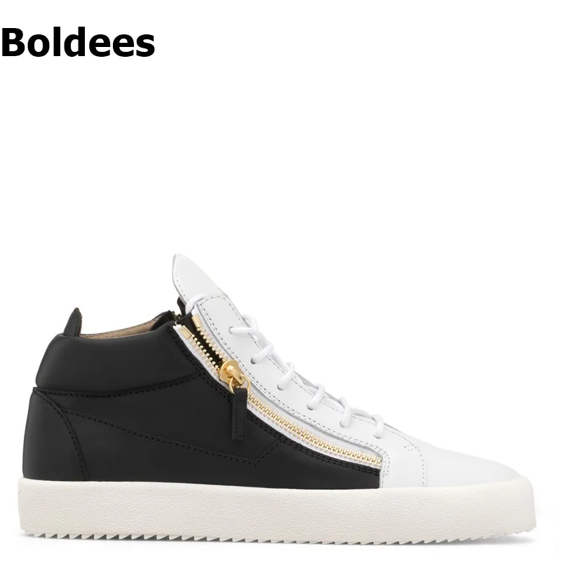 

Black White Match Color High Top Platform Casual Shoes Man Women Double Zipper Flats Comfortable Shoes Plus Size 36-47