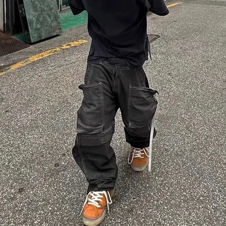 هاي ستريت غسلها جيوب جانبية قذرة فضفاض الجينز للرجال والنساء مستقيم Ropa Hombre البضائع السراويل المتضخم سراويل جينز