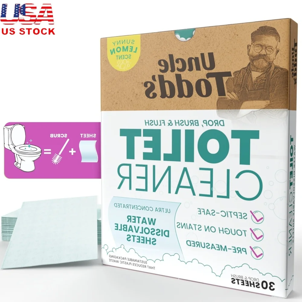 

Lemon Scented Toilet Cleaner Dissolvable Sheets Eco-Friendly Plastic-Free Packaging 30 Ultra-Concentrated Septic Safe Brushes