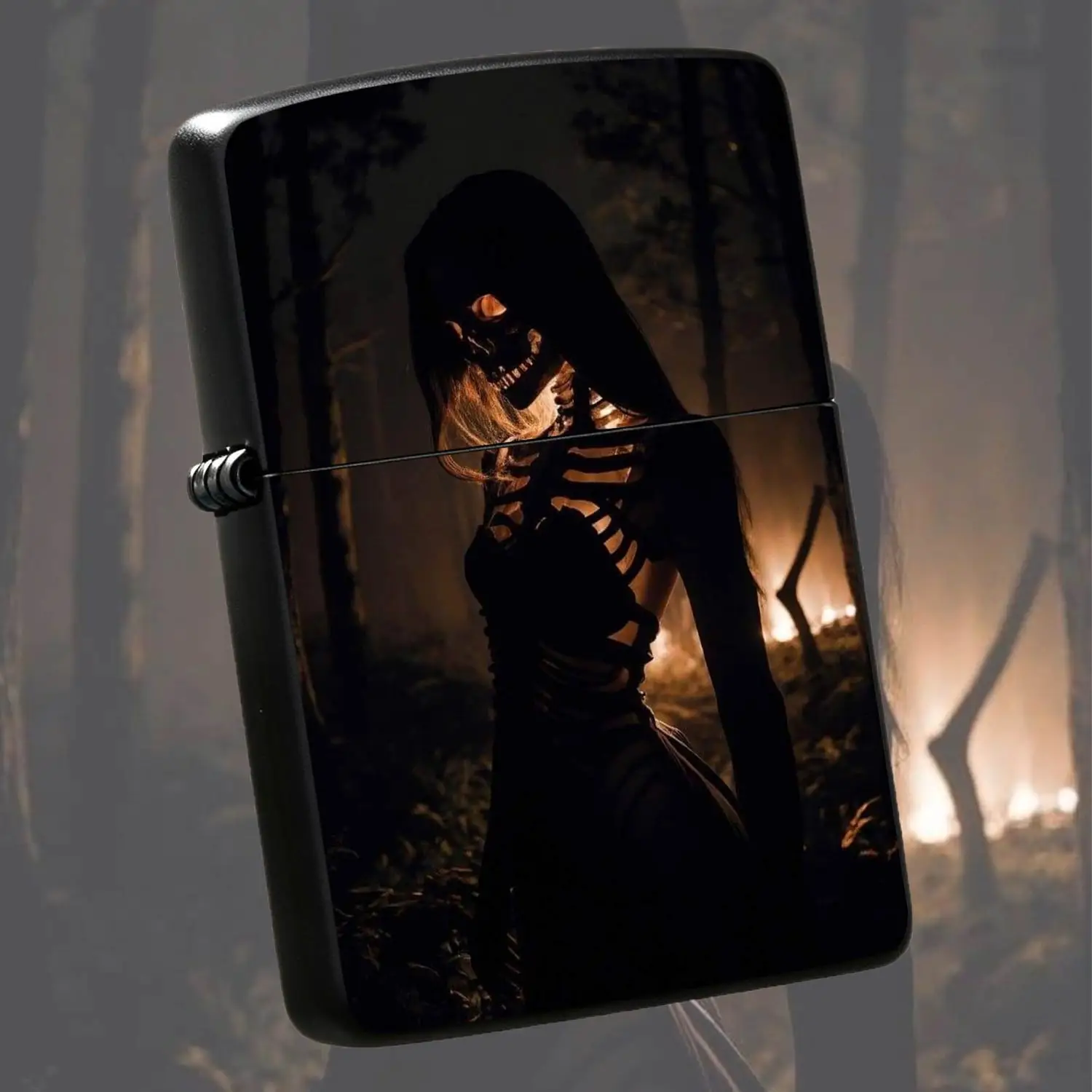 Creative Skeleton Girl In Dark Forest Printed Lighter, Cool Spooky Ambience Decorative Accessory, Portable Practical Daily Use Item, Unique Stylish Gift For Friends, Suitable For All Scenarios Indoor Outdoor, Delicate Fun Trendy Portable Mu