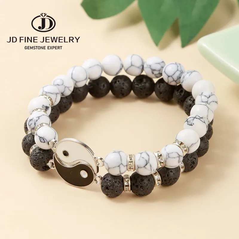 JD Natural Volcanic Lava Stone Tai Chi Yin Yang Couple Bracelets Women Men White Turquoises Round Beads Handmade Lovers Jewelry