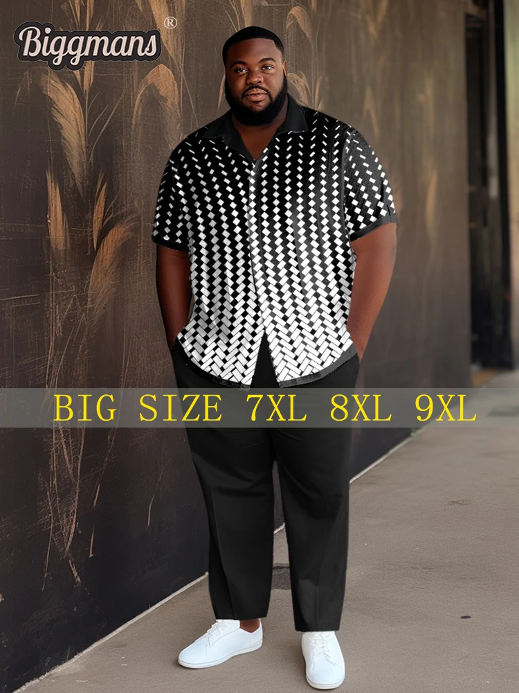 Biggmans Plus Size Shirt Set For Men's  Clothing Summer Black Office Printing Short-sleeved High street Customization 7XL 8XL 9X