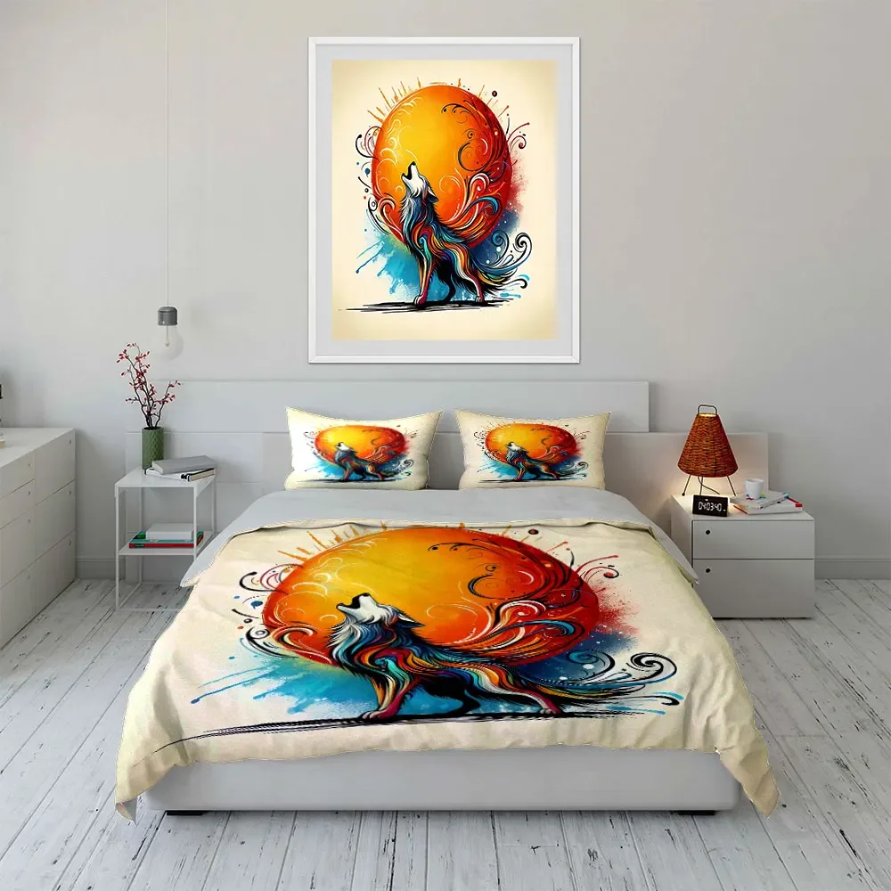 Colorful Wolf Art Decor Set Bedding Set with 1 Duvet Cover 2 Pillowcases Single Double King Queen, Gift