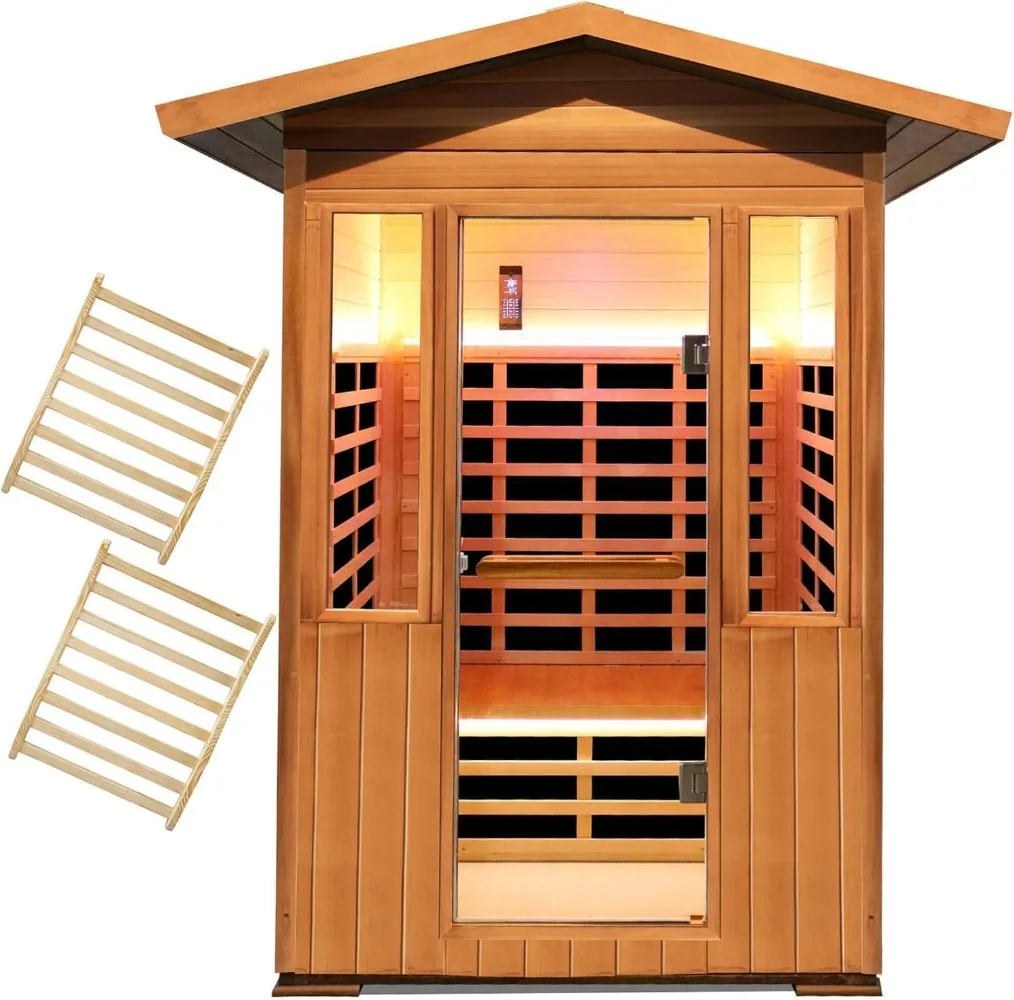 Outdoor Far Infrared Sauna for 2 Person,1800W 8 Low EMF Heater,APP Controllable Spruce Wooden Spa Room with Bluetooth Music