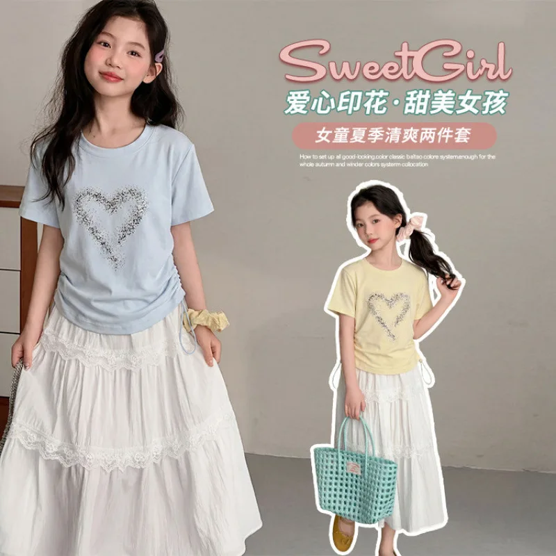 

Kids Girls Suits Summer Heart Shaped Short Sleeve Outfits T-shirt + Lace Patchwork Skirt 2Pcs Set Comfortable Children Clothes