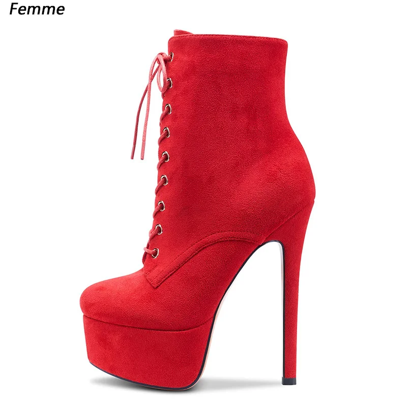 

Hot Pink Suede Platform Ankle Boots - Handmade Stiletto Heels with Lace-Up Front Sexy Nightclub Party StateSize 35-48