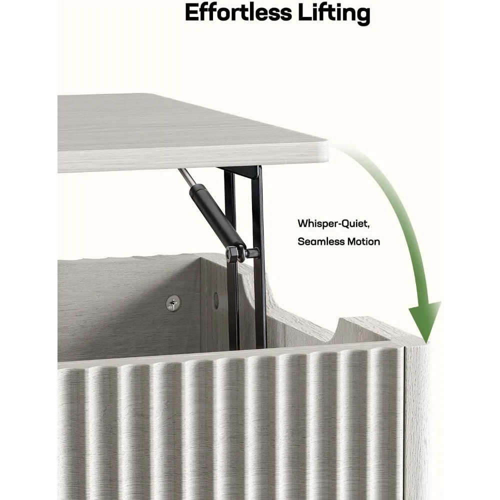 Stolik kawowy z podnoszonym blatem i otwartym i ukrytym schowkiem, nowoczesny stolik kawowy z rowkowanym wzorem i płynnym mechanizmem podnoszenia, solidny i oszczędzający miejsce.