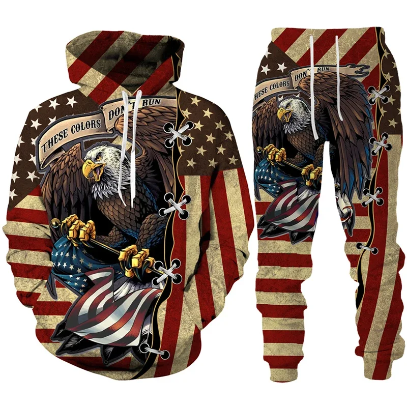 Cool USA Flag Eagle 3D Printed Hoodie/Suit Men Women Sweatshirts+Sweatpants Outfit Set Jogger Fashion Hip Hop Streetwear Clothes