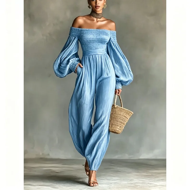 Elegant Women Off Shoulder Corset Jumpsuit Puff Long Sleeve Pocket Solid Holiday Beach Party Wide Leg Romper Overalls One Pieces