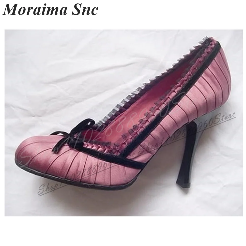 Trendy Red Silk Ruffles Decoration Pumps Thin High Heel Shoes For Women Slip On Round Toe 2024 Fashionable Zapatos Para Mujere