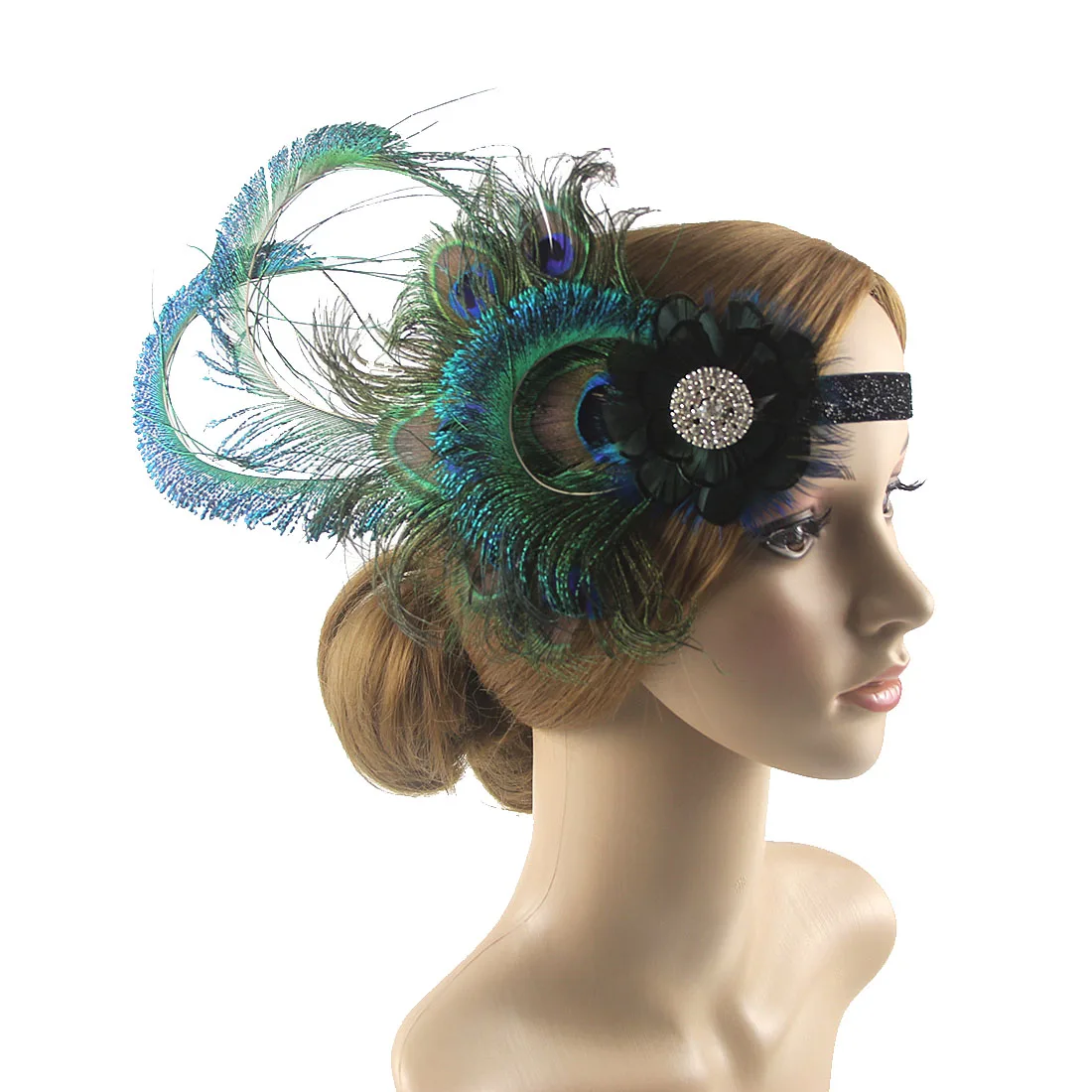 Peacock Feather Elastic Hair Band , 1920s Flapper Gatsby Feather Headband, 20s Beaded Showgirl Headpiece