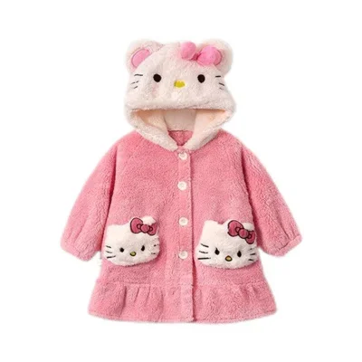 Girl Hello Kitty Cute Coral Fleece Nightgown Autumn Winter Plus Velvet Thicken Keep Warm Child Lounge Clothes Pajamas Bathrobe