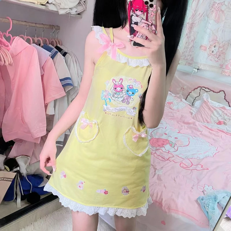 Pijamas con tirantes de estilo Lolita Kawaii para niñas, camisones con lazo de encaje dulce, camisones con estampado de oso de conejo, Mini vestido,